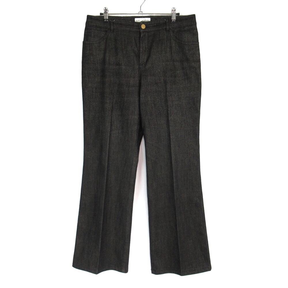 ST. JOHN Black Denim Wide Leg Pants Gold Metallic Shimmer Jeans Women’s Size 8